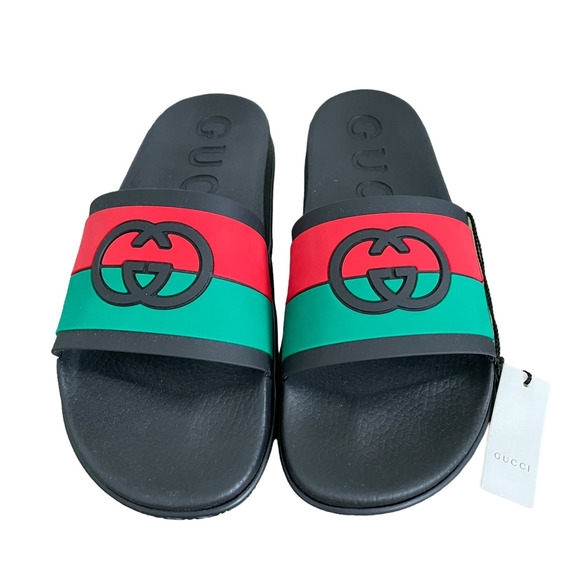 GUCCI Authentic Men's Interlocking G Slide Sandal Black Green Sz 10 |US 10.5 NEW - Picture 6 of 16